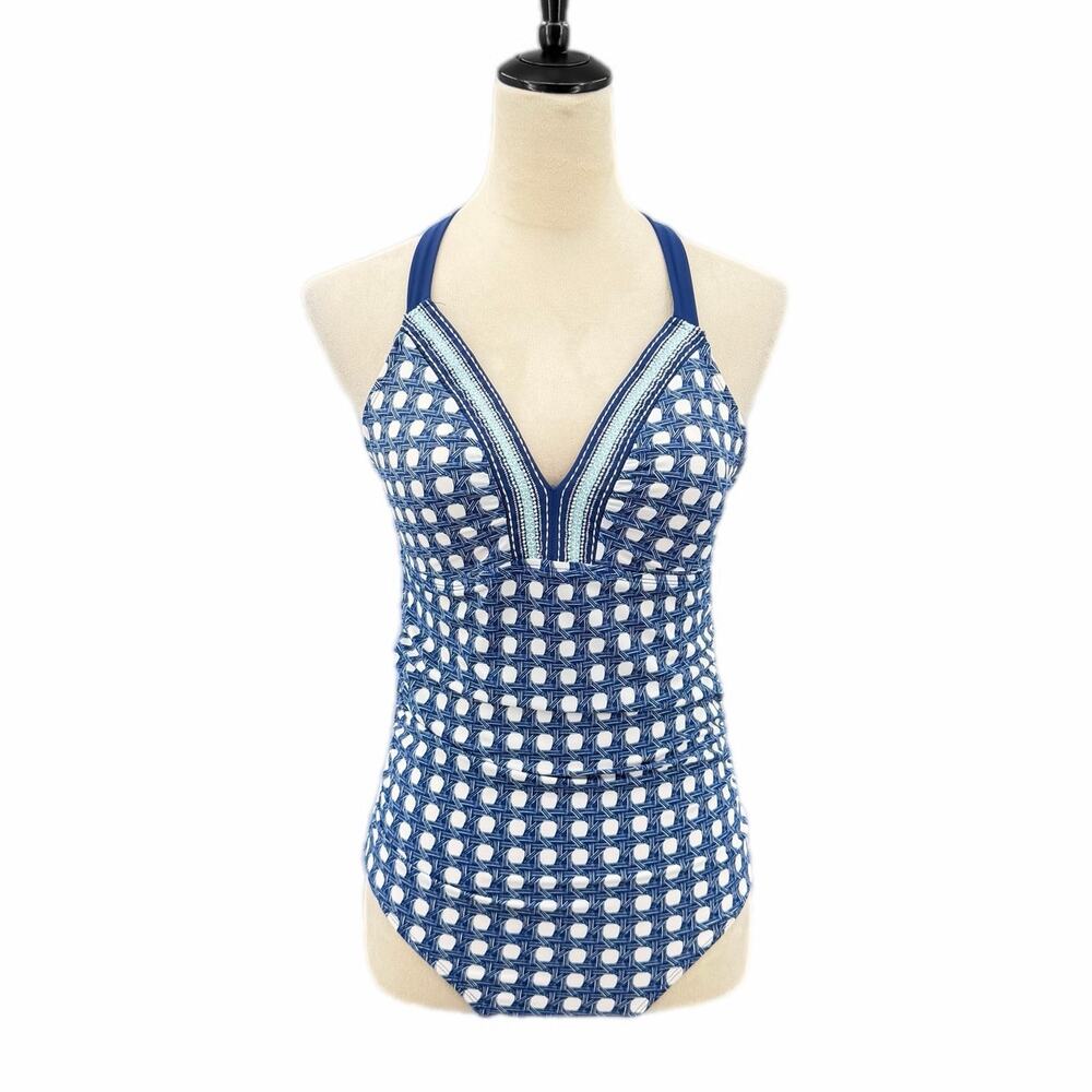 Cabana Life Talbots Blue White Embroidered V-neck Halter One Piece Swimsuit